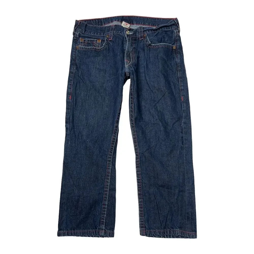 True Religion VTG Y2K Straight Leg Jeans Embroidered Logo Dark Wash Mens 36x26